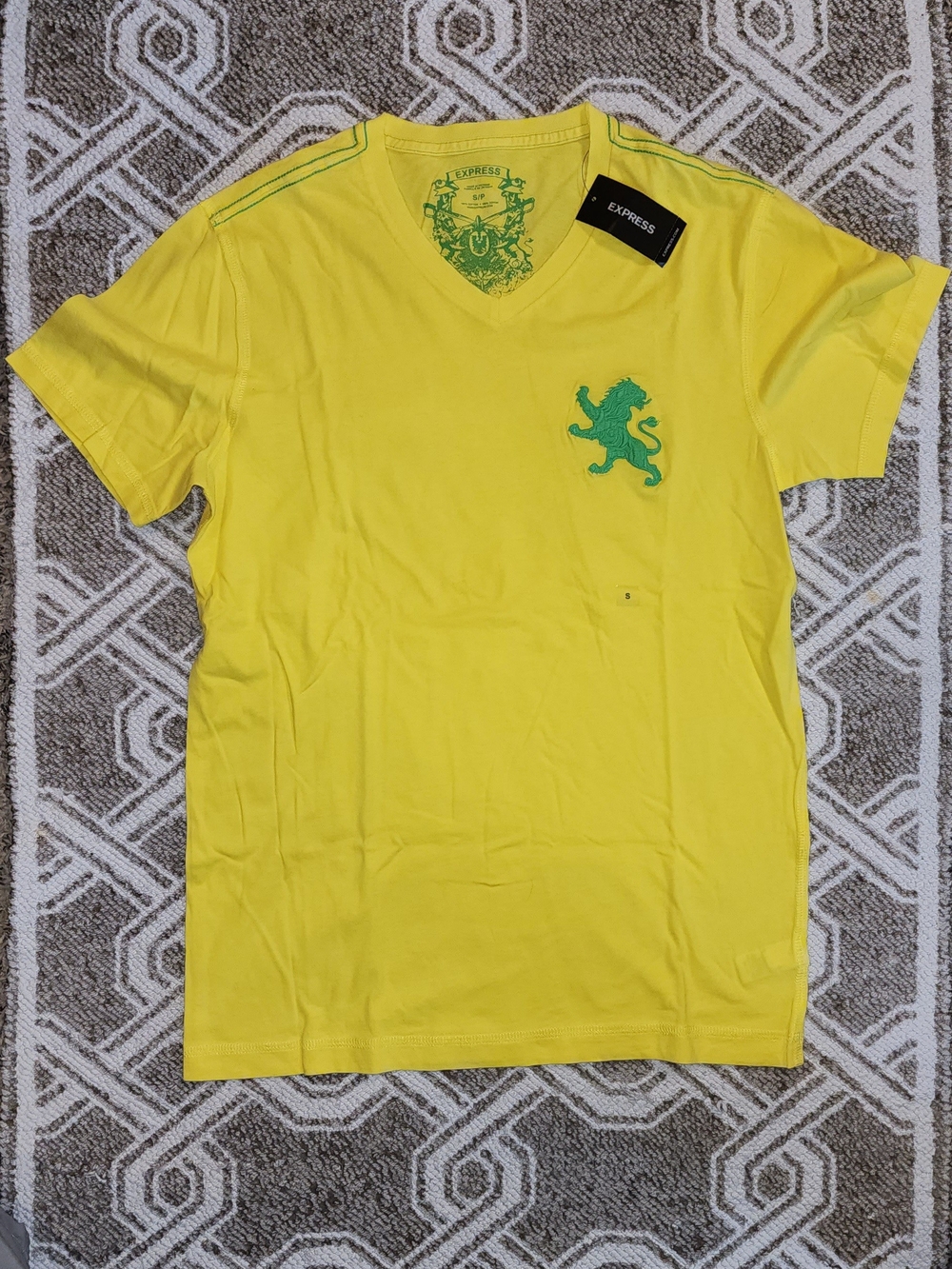 Express Men's Bright Yellow V-Neck Tee with Green Lion Crest